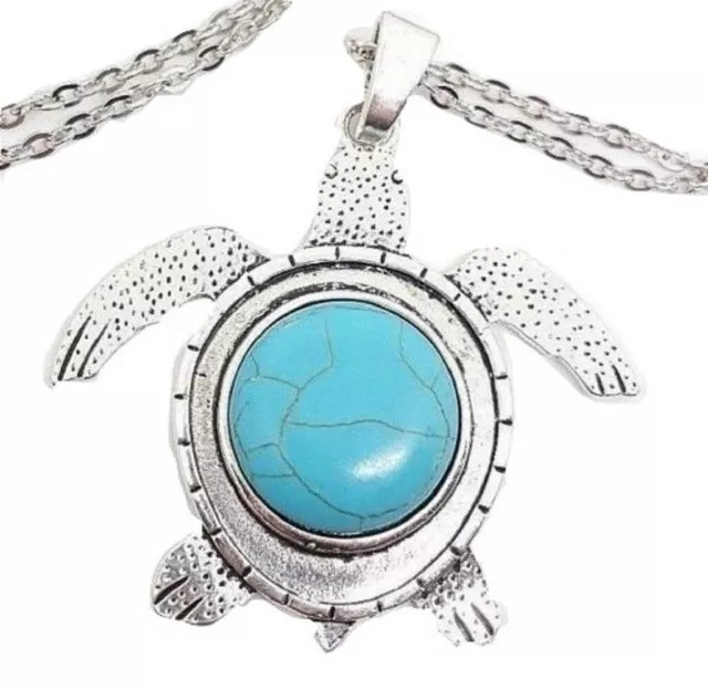 Turtle Turquoise Necklace Pendant Large Boho Ethnic Chain Statement 31" Chain