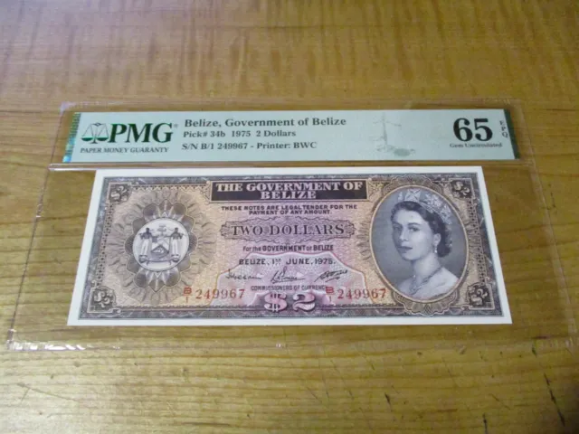 Belize 1975, 2 Dollars, P#34b, PMG 65 EPQ GEM UNC