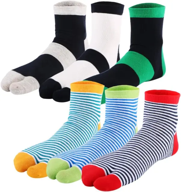 6 Pairs Unisex Striped Flip Flop Split 2-Toe Tabi Socks Value Pack