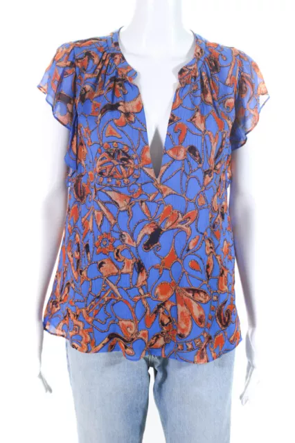 ALC Womens June Printed Flutter Sleeve Y Neck Top Blouse Blue Orange Size 4