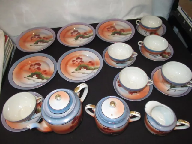 Vintage Japanese LusterWare Blue Hand Painted Teapot  Plates Cups & Saucers Q295