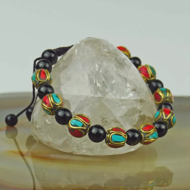 Edelstein Onyx Bracelet Noir Turquoise 8mm Bouddhisme Schützerknoten Laiton 2