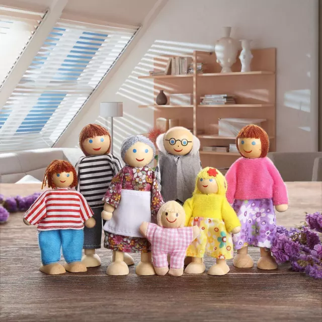 7 Wooden Dolls House Furniture Pretend Play Set Family For Children Kids