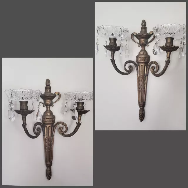 Vtg Brass Wall Sconces Set Of 2 French Louis XVI Style Crystal Bobeches Patina