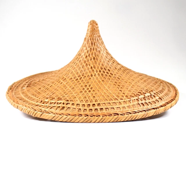 vintage-asian-sun-hat-woven-pointed-bamboo-chinese-straw-coolie-hat