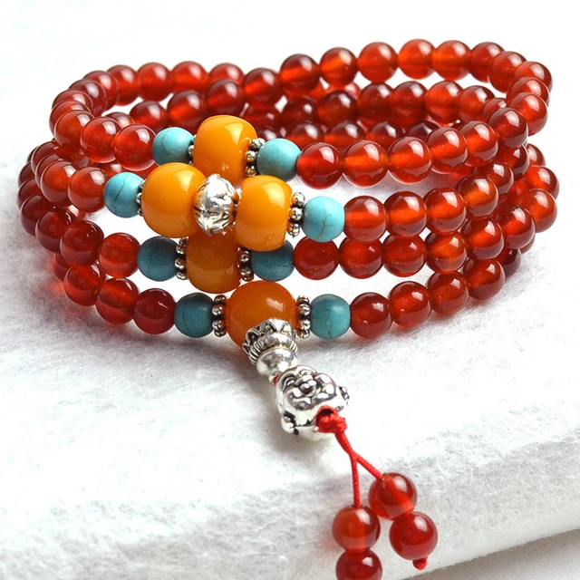 Chapelet Mala Bouddhiste 108 Perles En Agate Rouge - Bijou Spirituel Unisexe - Neuf Sans Emballage