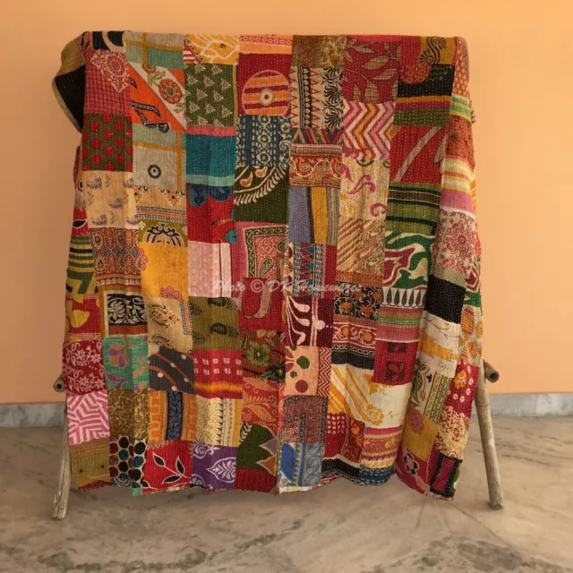 Couvre-lit double Kantha en coton patchwork vintage, couverture gitane...