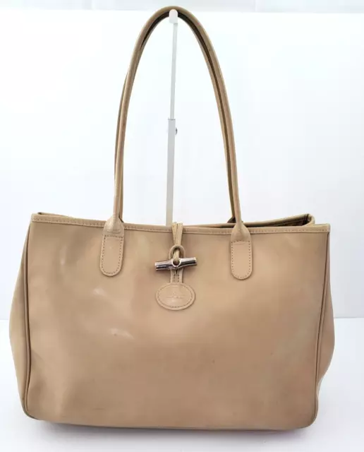 Longchamp Roseau Heritage Tan Beige Leather Tote Bag Made in France Used Toggle