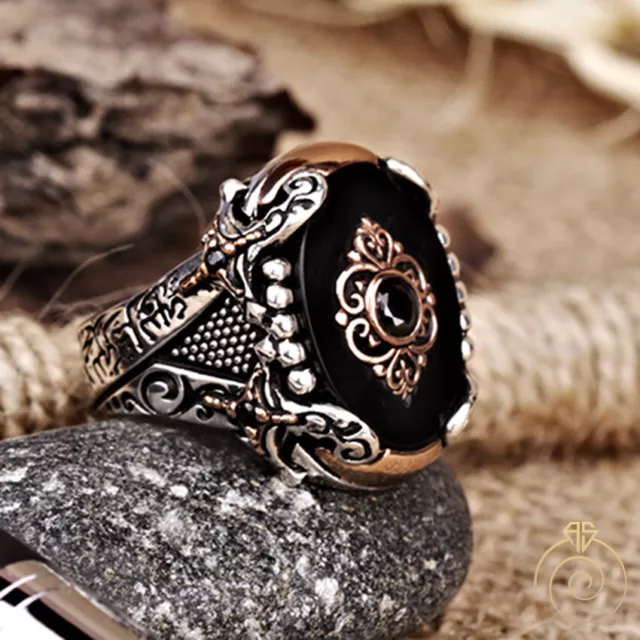 Arabic Seal Men Ring Islamic Jewelry Black Stone OnyxSoldier Sword Muslim Gift