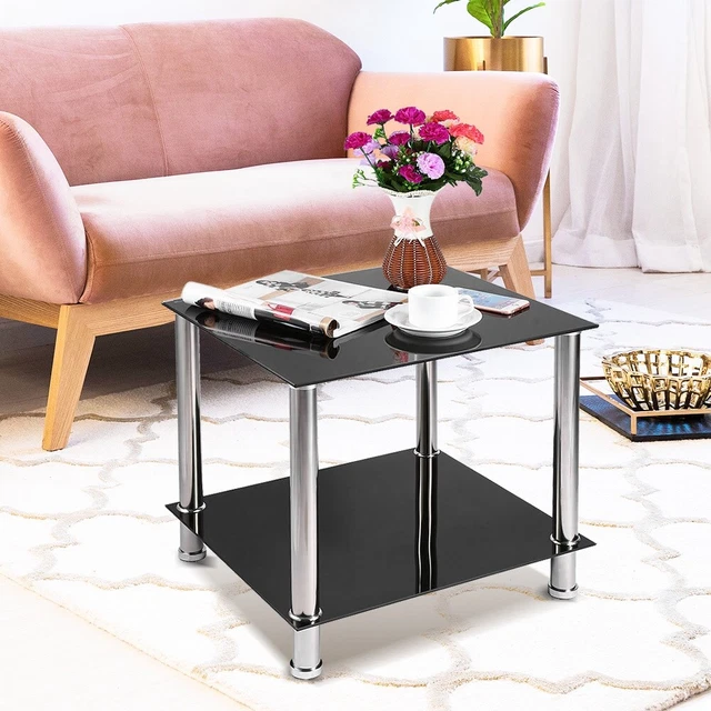 Small Glass Side Tables 2-Tier Living Room Storage Coffee End Tables Furniture