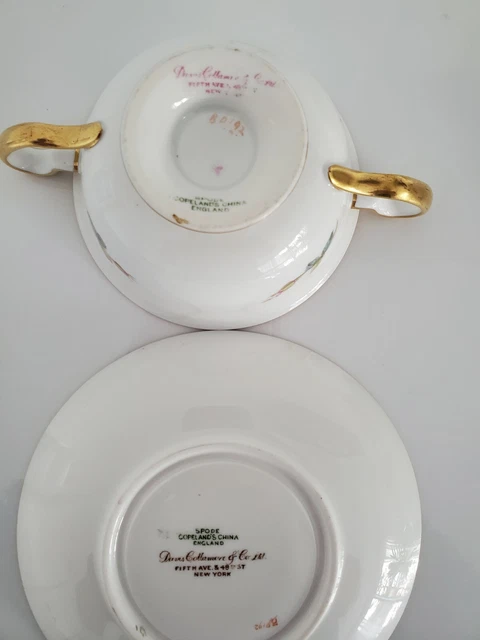 6 Antique COPELAND SPODE Bouillon Cups & Saucers PINK ROSES Gold Trim 3