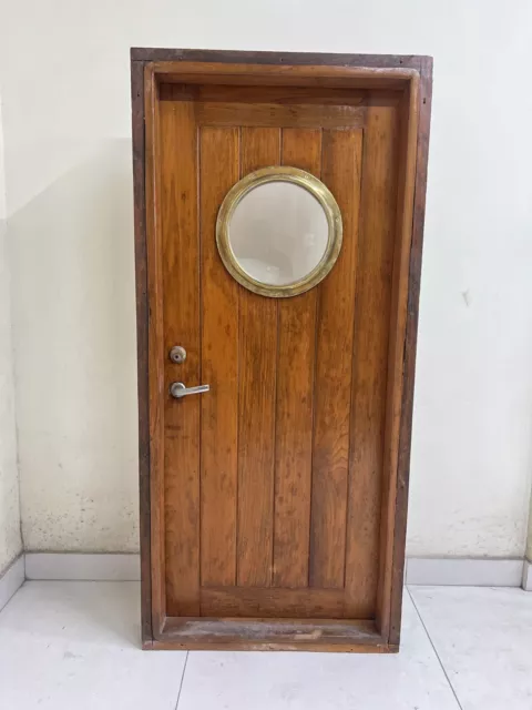 Vintage Original Maritime Theme Ship Wooden Door with Brass Porthole Window 2