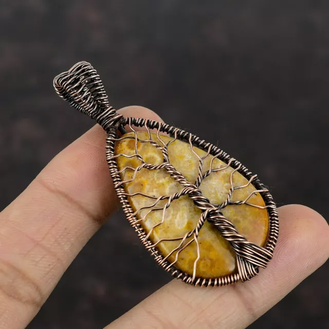 Fossil Coral Copper Gift For Friend Wire Wrapped Tree Of Life Pendant 2.56"