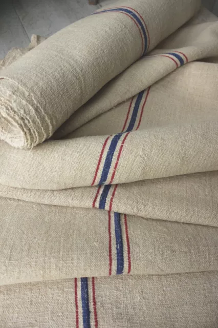 Grain sack grainsack fabric vintage linen 9.2YD upholstery HEMP RED + BLUE blue