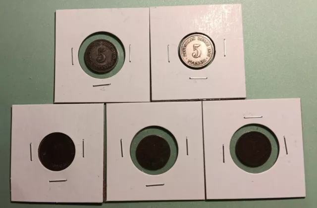 5 German Coins From The 1800's Some In Fine And Some In Good Condition