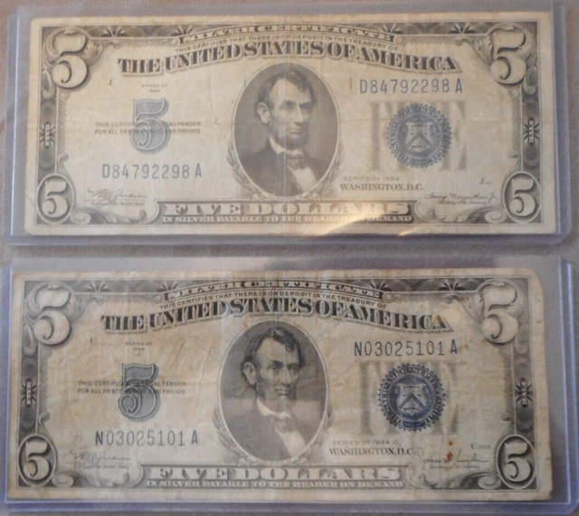 Lot of 2 1934C & 1934 $5 DOLLAR BILL SILVER CERTIFICATE BLUE SEAL NOTE