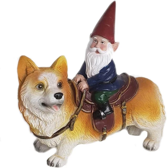 Garden Gnome Statue - Gnome Riding a Corgi - Indoor/Outdoor Garden Gnome Sculptu