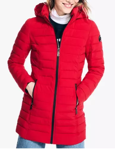 Nautica Zip Front Long Puffer Quilted Jacket Hooded Red Logo Size Small