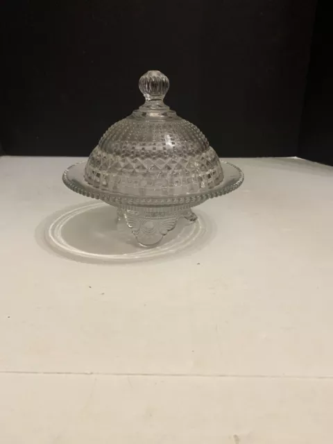 Antique EAPG Clear Glass Footed Round Butter Dish with Lid