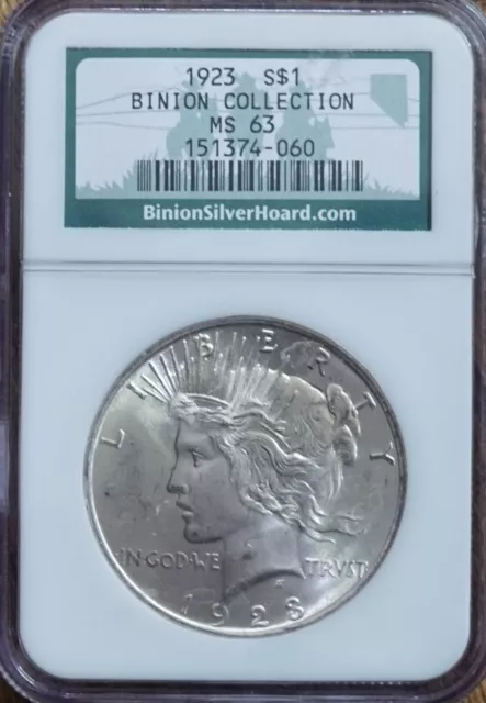 1923 Peace Dollar Binion Silver Hoard - NGC MS63 BU