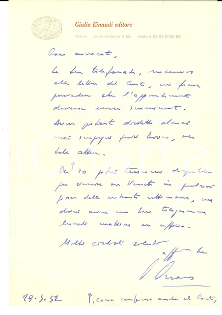 1952 TORINO LETTERA Giulio EINAUDI per un appuntamento ...