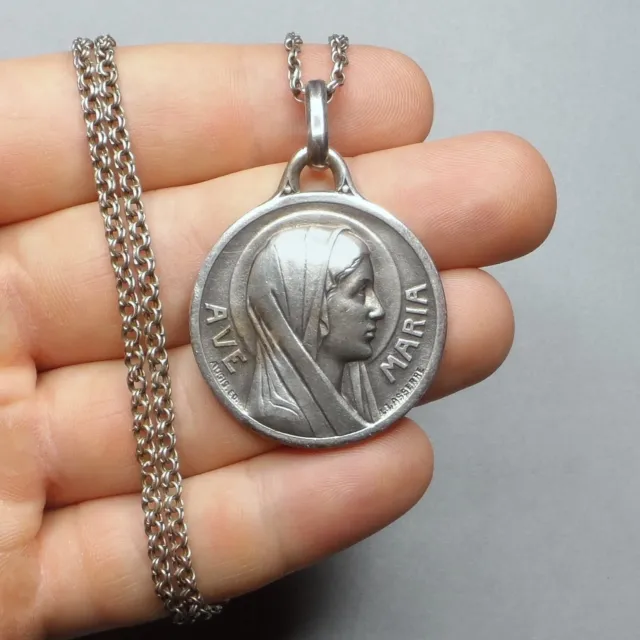 French, Antique Religious Large Pendant. Saint Virgin Mary. Miraculous  Medal.