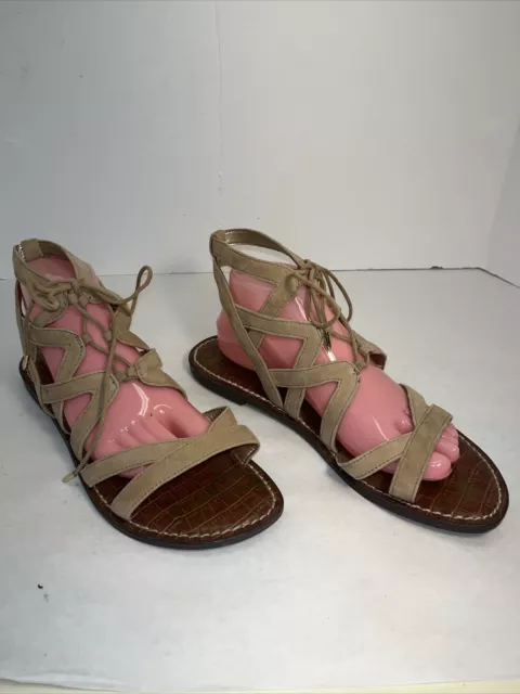 Sam Libby Sandals Womens 10 Casual Tie Up Gladiator Strappy Tan  Open Toe Flats