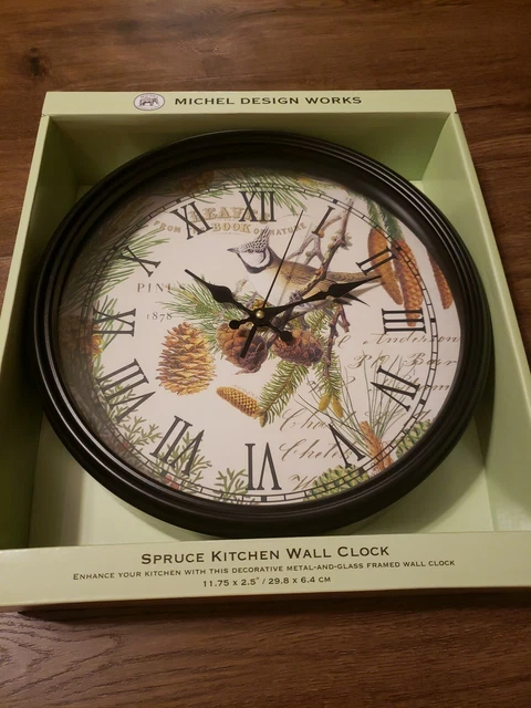 Michel Design Works Spruce Pinecone Bird Kitchen Wall Clock Metal And Glass NEW