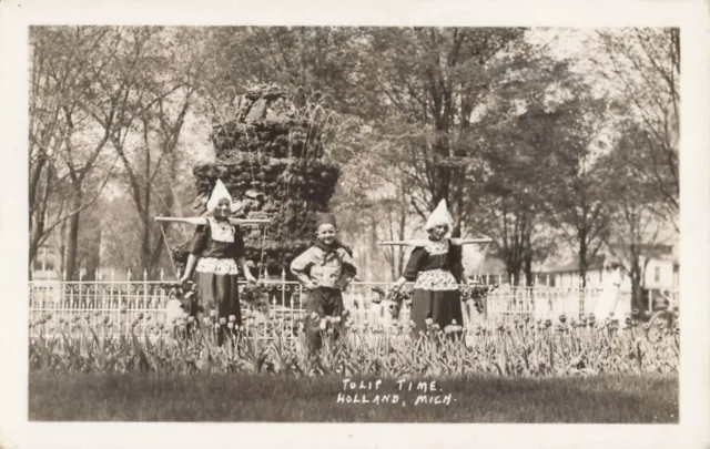 Holland Michigan Tulip Time Festival RPPC Postcard Flower Kids by Fountain