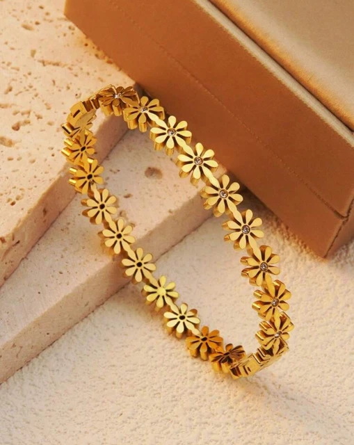 Bracelet Manchette Large Jonc En Acier Inoxydable - Motif Fleurs De Pivoine 3D