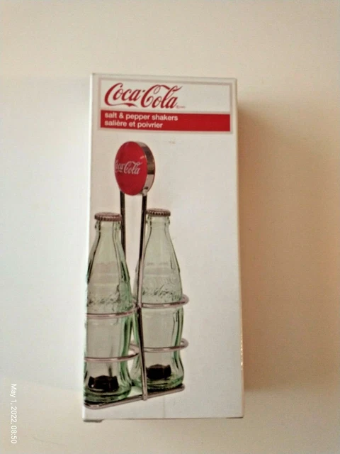 Coca-Cola Coke Bottle Salt & Pepper Shakers with Chrome Plated Rack NIB