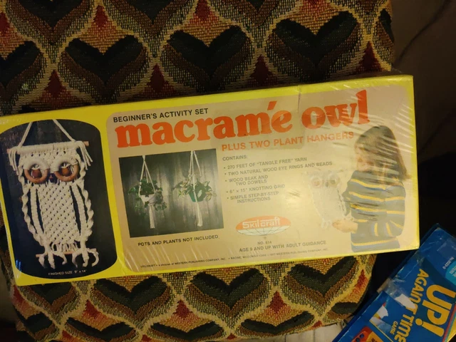 Vintage Skilcraft Macrame Owl Kit Plus 2 Plant Hangers Beginner 1977 sealed NEW
