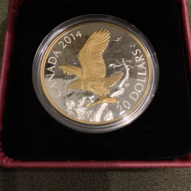 2014 Canada $20 Perched Bald Eagle with Fish 1 oz Pure Silver Proof Gold Plating