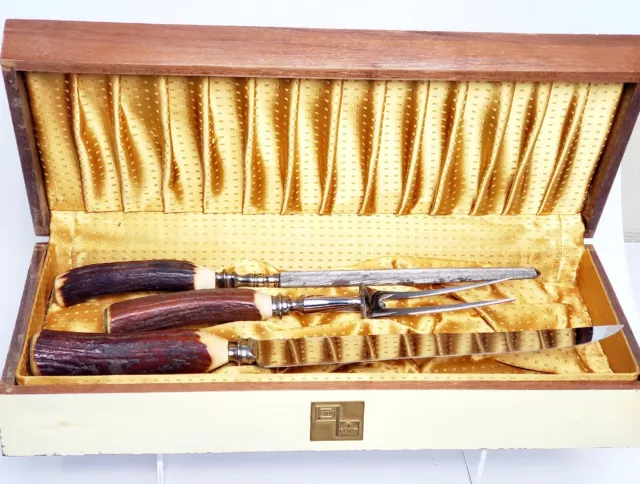 Vtg EKCO Flint Carving Set Stag Horn Stainless England Sheffield In Wooden Box