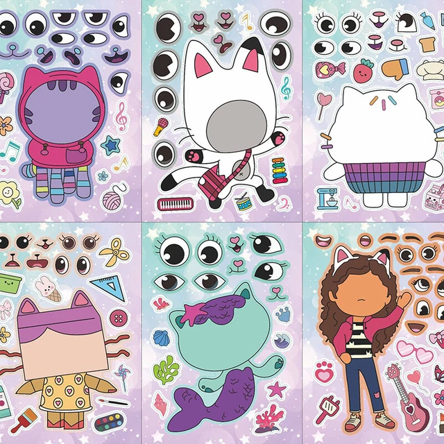 6SHEETS GABBY'S DOLLHOUSE Make A Face Puzzle Sticker Cartoon Education
