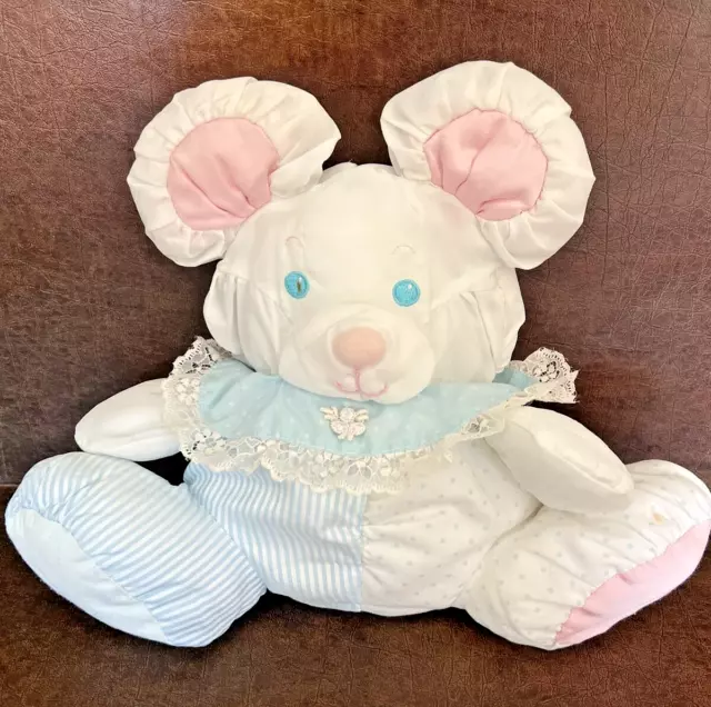 Vintage Fisher Price Baby Puffalump Mouse Bear 1988 White Blue 11" Plush Rattle