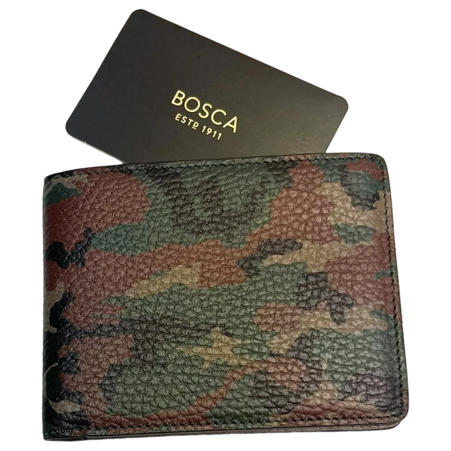 Bosca Brand Mens Double Billfold Executive Wallet Green Brown Camo Leather $115