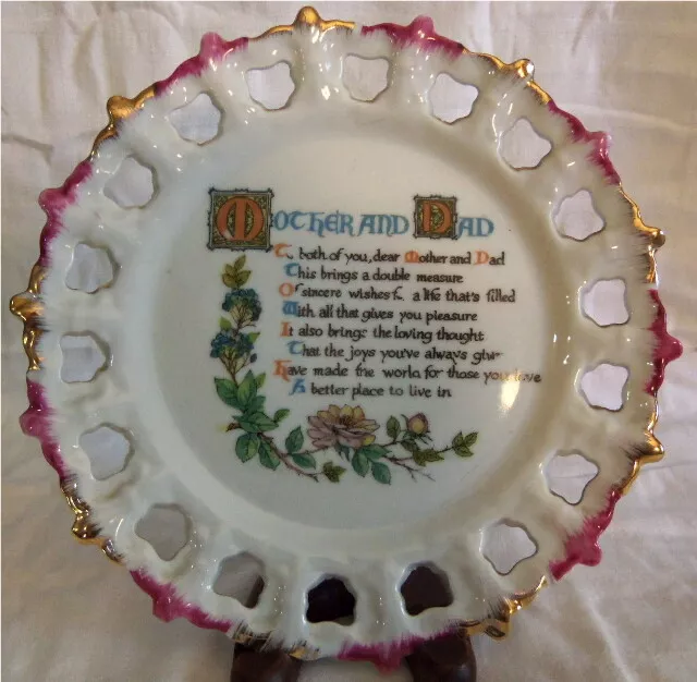 Vintage GOLD TRIMMED Mother & Dad WHEEL SPOKE RIMMED Plate with Verse