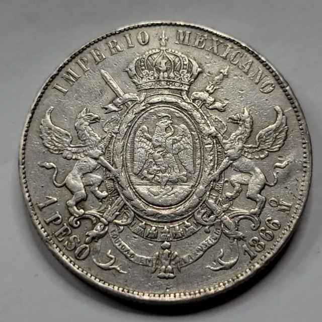 1866 Mexico Silver 1 Peso MAXIMILIANO Choice AU/XF Detail Obv Smoothed *C870 1866 Mexico Silver 1 Peso MAXIMILIANO Choice AU/XF Detail Obv Smoothed *C870