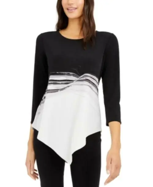 MSRP $70 Alfani Printed Asymmetrical Top Black Size Small (STAIN)