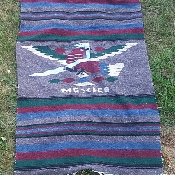 Vintage Mexico Hand Woven Rug Blanket Bird Snake 67”x41