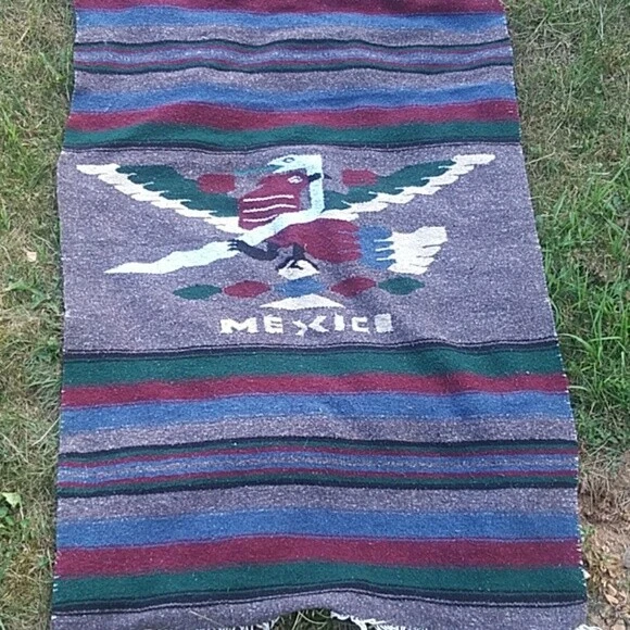 Vintage Mexico Hand Woven Rug Blanket Bird Snake 67”x41