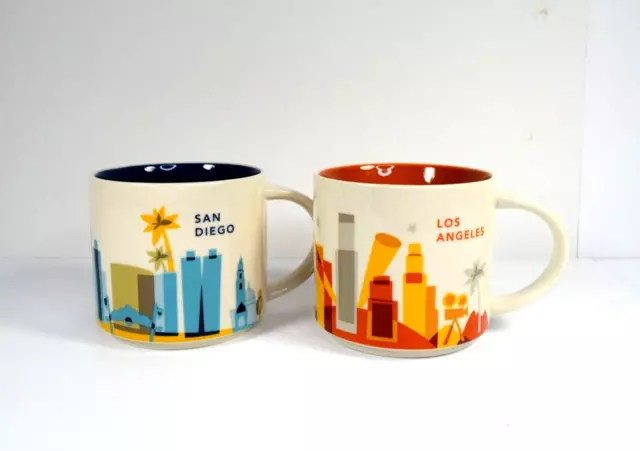 Set of 2 Starbucks "You Are Here" Coffee Mugs San Diego / Los Angeles 14 oz 2015