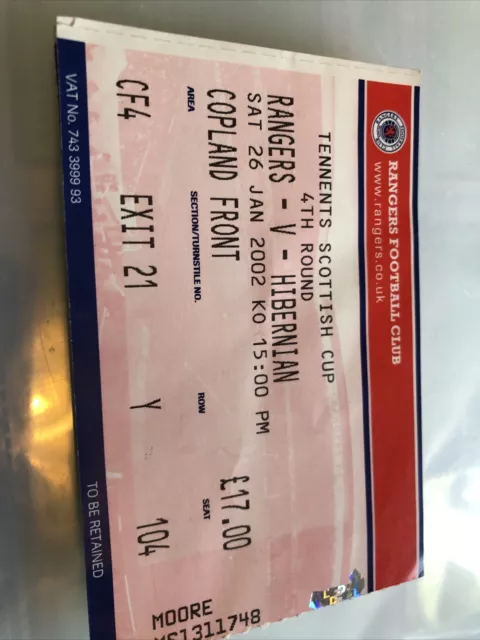 Rangers V Hibs Scottish Cup 4R 26th Jan 2002…..match Ticket