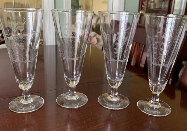 Tiffin Franciscan Pilsner Etched Glass Sail Boat Birds Stemware Vintage Set of 4