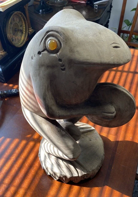 Large Hand Carved Frog Playing Cymbals