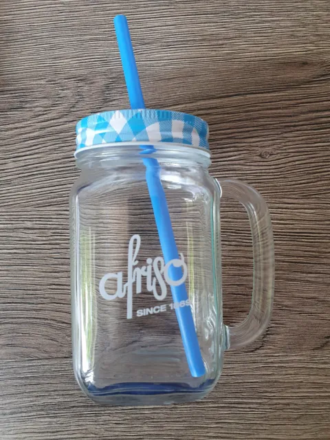 Afriso Trinkglas mit Deckel, Henkel und Strohhalm Klar / Blau 13 cm NEU & OVP