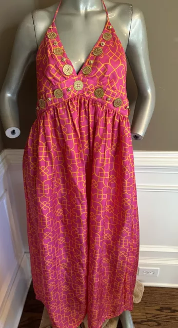 Milly 100% Silk Moroccan Pink/Orange Halter Dress Embellishement Sz 8