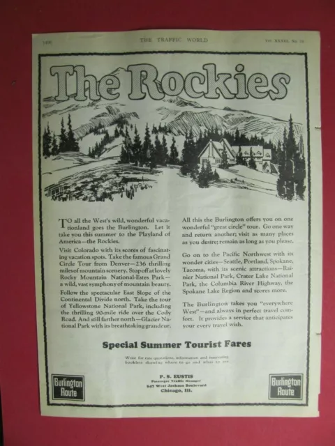 ORIGINAL 1924 CHICAGO BURLINGTON & QUINCY RAILROAD AD w/ GLACIER PARK INFO GOAT