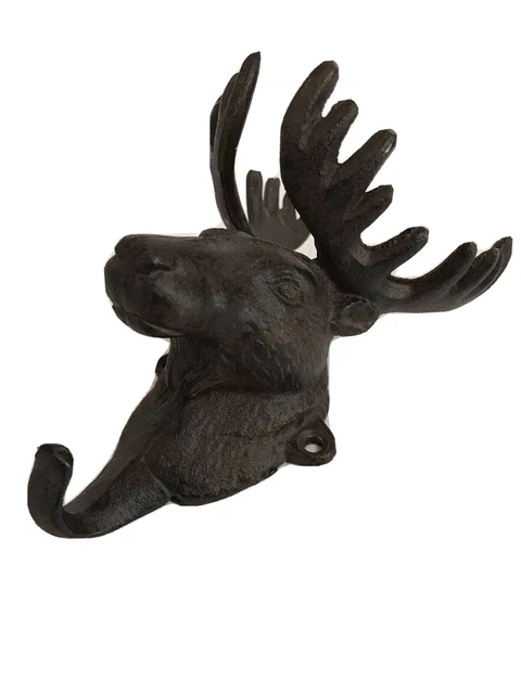 Rustic Cast Iron Wall Hook Moose Man Cave Cabin Decor Deer Brown Elk Metal Lodge